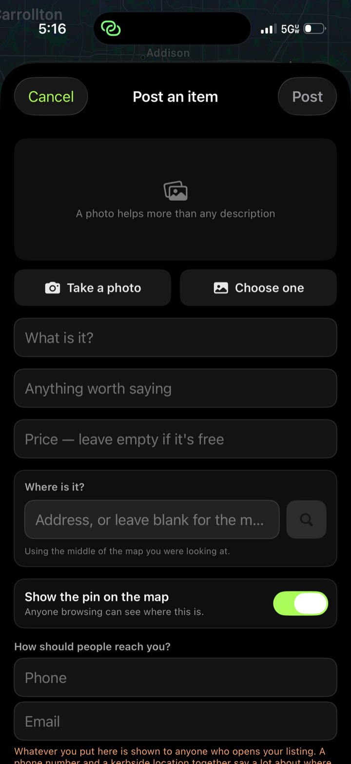 The Post an item sheet: a photo well reading "A photo helps more than any description", Take a photo and Choose one buttons, fields for what it is, anything worth saying and a price, a Where is it? box with an address field that says it is using the middle of the map, a Show the pin on the map switch turned on, and phone and email fields under a warning about what publishing them means